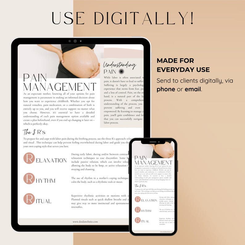 May include: A digital document displayed on a tablet and smartphone screen titled Pain Management. The content includes text about labor, the 3 R's of relaxation, rhythm, and ritual, and an image of a pregnant belly. The layout is beige and white.