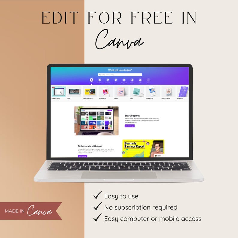 May include: A silver laptop displaying the Canva website interface with the text EDIT FOR FREE IN Canva at the top. Below the laptop, a list includes Easy to use, No subscription required, and Easy computer or mobile access. MADE IN Canva.