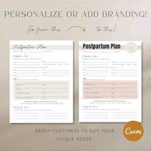 Postpartum planning form first page with modern neutral design, beige and white, script font. Second postpartum planning page showing different design option if editing in Canva.