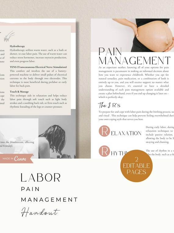 Labor Pain Management Handout: Doula Childbirth Education (Editable Canva Template)