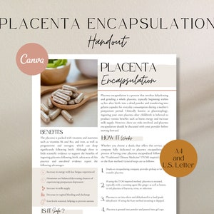 Folleto de encapsulación de placenta, Folleto de placentofagia, Folleto de doula de parto, Planificación del parto, Planificación posparto, Doula posparto