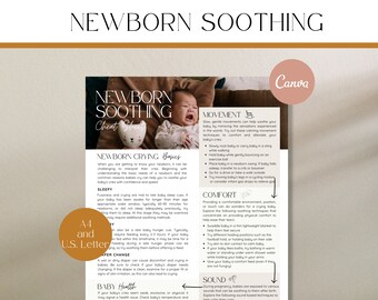 May include: A pink and white cheat sheet with the title "Newborn Soothing" and tips for calming a crying baby. The tips are organized into categories: "Newborn Crying Basics", "Sleepy", "Diaper Change", "Baby Health", "Movement", "Comfort", and "Sound".