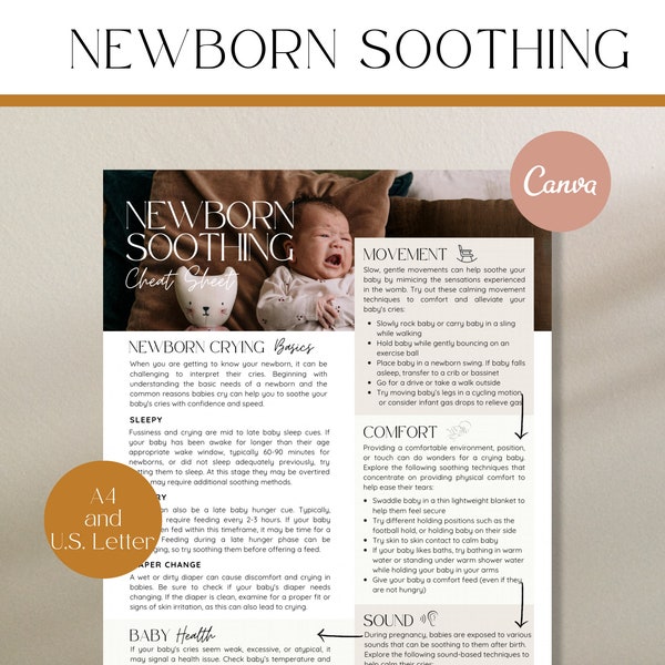 Newborn Soothing Cheat Sheet, Baby Soothing Guide, How to Soothe Baby, Newborn Care, Baby Care Handout, Doula Handout, Postpartum Doula