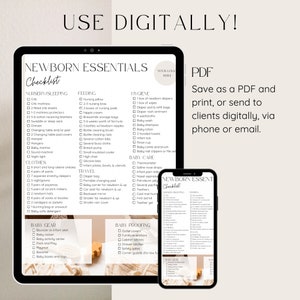 Baby essentials checklist page on iPad and iPhone, highlighting digital use of birth doula handout.