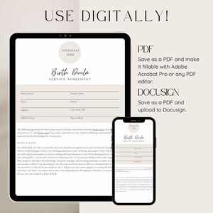 Birth Doula contract page on iPad and iPhone, highlighting digital use of birth doula contract fillable PDF in Adobe Acrobat Pro and Docusign.