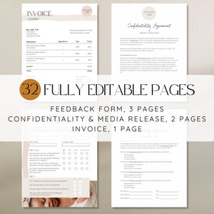 Doula new client bundle and doula contracts, 4 pages in traditional modern design with beige, blush, black and white design. 32 editable pages highlighted.