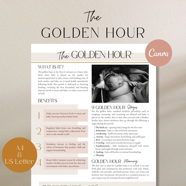 Golden Hour Handout, Skin to Skin Handout, Golden Hour Labor, Birth Doula Handout, Doula Template, Childbirth Education, Birth Planning