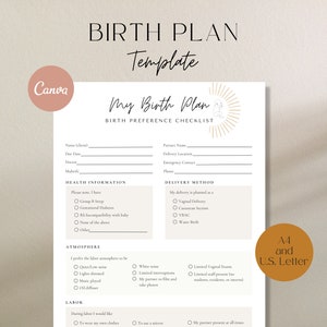 Birth Plan Template, Pregnancy Planner, Birth Preferences, Labor and Delivery, Natural Birth Plan, Doula Birth Plan,, Visual Birth Plan