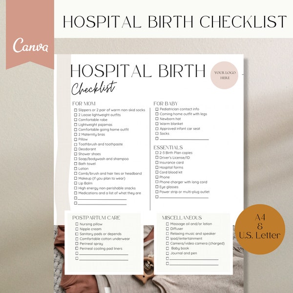 Hospital Birth Checklist, Hospital Bag Checklist, Birth Doula Handout, Doula Template, Birth Plan, Hospital Bag for Labor and Delivery