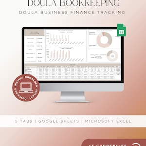 May include: A digital doula bookkeeping and business finance tracking spreadsheet displayed on a computer monitor. The interface includes an annual overview, bar charts for net income versus expenses, and pie charts for income breakdown and profit progress.