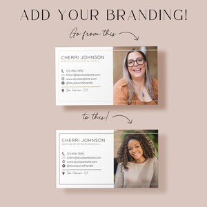 Doula business card branding customization examples showing original doula card and edited business card with green details and different picture.
