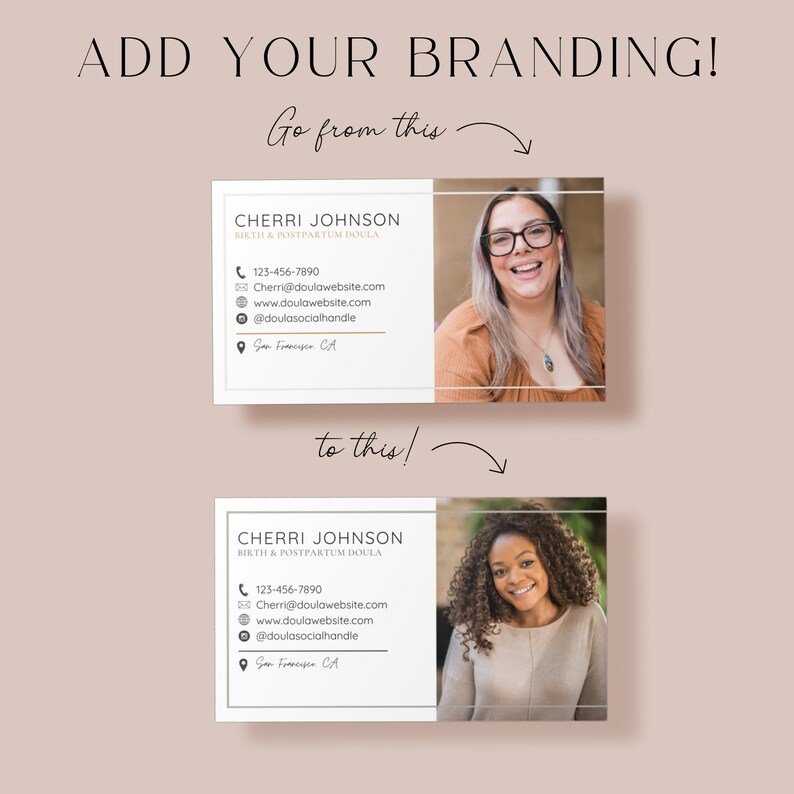 Doula business card branding customization examples showing original doula card and edited business card with green details and different picture.