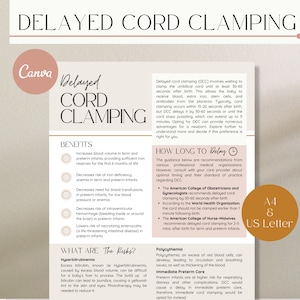 Puede incluir: Una infografía beige y blanca sobre el pinzamiento tardío del cordón umbilical. La infografía enumera los beneficios y los riesgos del pinzamiento tardío del cordón umbilical. La infografía también incluye recomendaciones de varias organizaciones médicas sobre cuánto tiempo retrasar el pinzamiento del cordón umbilical.