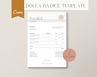 May include: A black and white printable invoice template for doulas. The template includes sections for billing information, description of services, fees, and payment information. The template is designed for use with A4 or US Letter size paper.