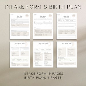 Doula intake form and birth plan pages on screen, with text highlighting intake form is 9 pages, and birth plan is 4 pages.