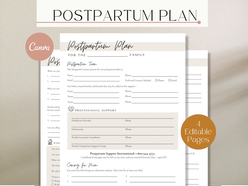 Postpartum Plan and Worksheet on shadow background, in a neutral design with beige and white detail. Postpartum Plan Worksheet sections include Postpartum Team,  Professional support, caring for mom, visitors,  and more. 4 Editable pages in Canva