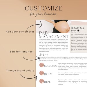 May include: A digital template for a childbirth education document titled Pain Management. The document features text about labor, the 3 R's of relaxation, rhythm, and ritual, and a photograph of a pregnant belly. Arrows point to editable areas.
