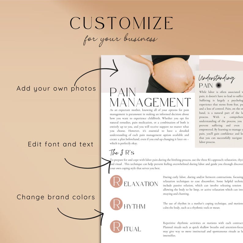 May include: A digital template for a childbirth education document titled Pain Management. The document features text about labor, the 3 R's of relaxation, rhythm, and ritual, and a photograph of a pregnant belly. Arrows point to editable areas.