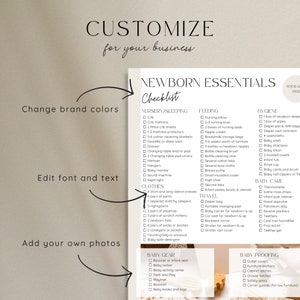 Newborn essentials checklist page with modern traditional design, in beige, black and white, with script font. Details highlighting mom to be gift customization for brands. Add doula logo, change brand colors, and more.