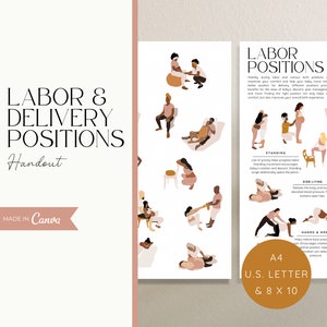Labor positions handout with various positions in diverse cultures assisted by doula or birth partner and descriptions of different birth positions. Warm feminine design with blush, browns, and gold. Labor position artwork only page also included