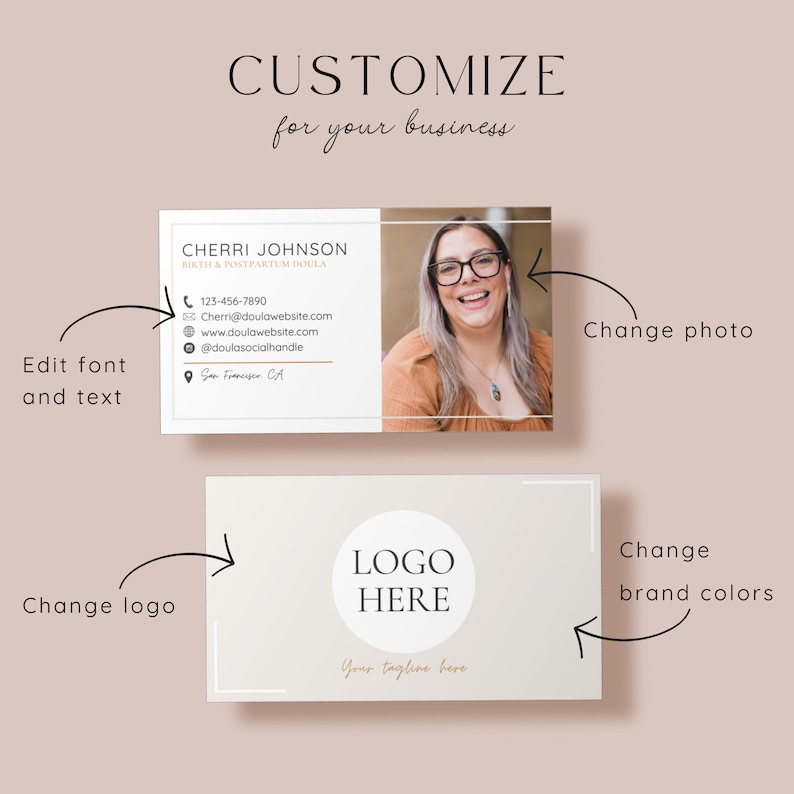 Doula Business card front and back with modern traditional design, in beige, gold, black and white, with script font. Details highlighting doula marketing card customization for brands. Add doula logo, change brand colors, and more.