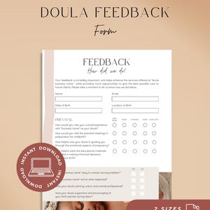 May include: A digital doula feedback form template with the text CREATED IN CANVA, DOULA FEEDBACK Form, FEEDBACK How did we do?, and various survey questions. A circular red badge reads INSTANT DOWNLOAD, and a red rectangle states 2 SIZES AVAILABLE.