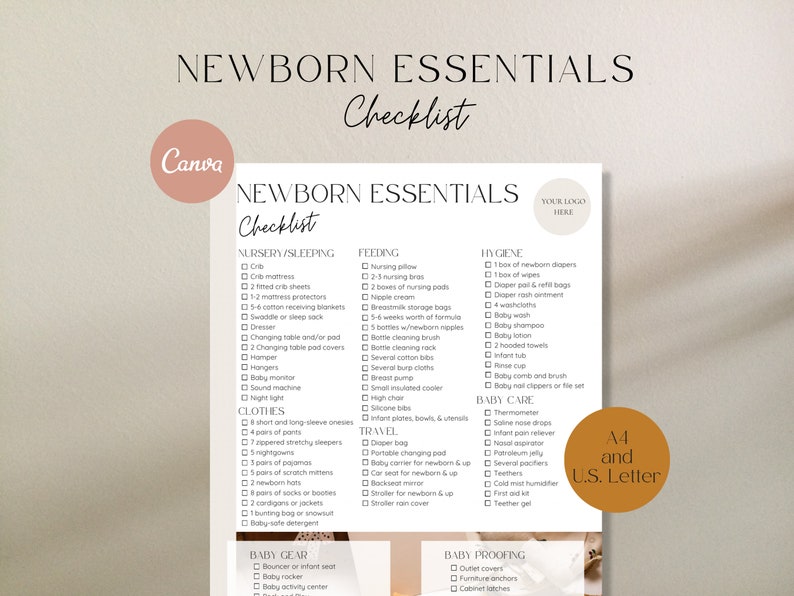 Newborn Essentials Checklist on shadow background, highlighting baby essentials list and baby planning list is available in A4 and US letter and is a Canva template.