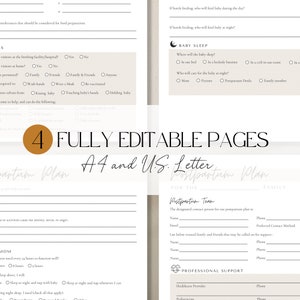 Various pages of postpartum planning form on screen, highlighting 4 editable pages of postpartum plan worksheet and A4 an U.S. Letter sizes included.