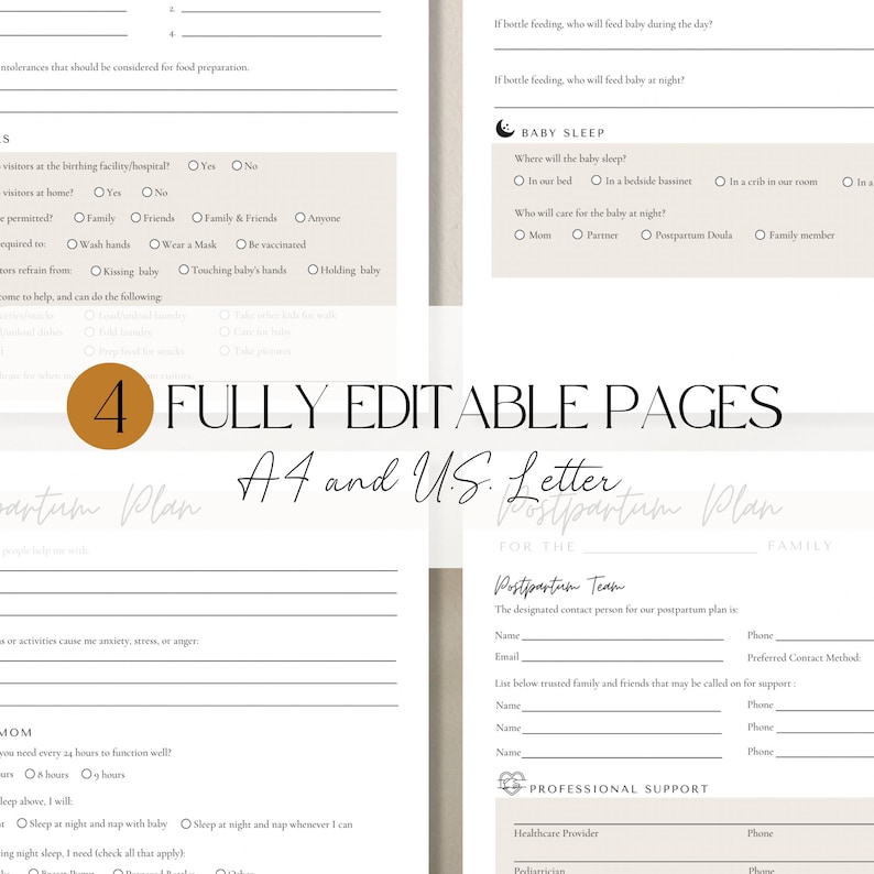 Various pages of postpartum planning form on screen, highlighting 4 editable pages of postpartum plan worksheet and A4 an U.S. Letter sizes included.