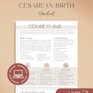 May include: A white informational handout titled Cesarean Birth with black text detailing medical causes, surgery procedures, and recovery steps. The document includes a circular red badge with a laptop icon and the text Instant Download.