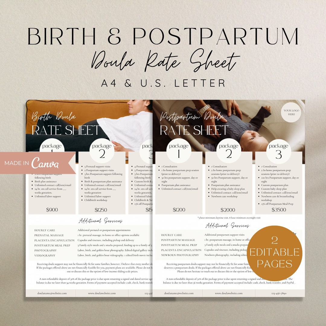 Doula Rate Sheet Template Doula Pricing Guide Birth Doula Etsy