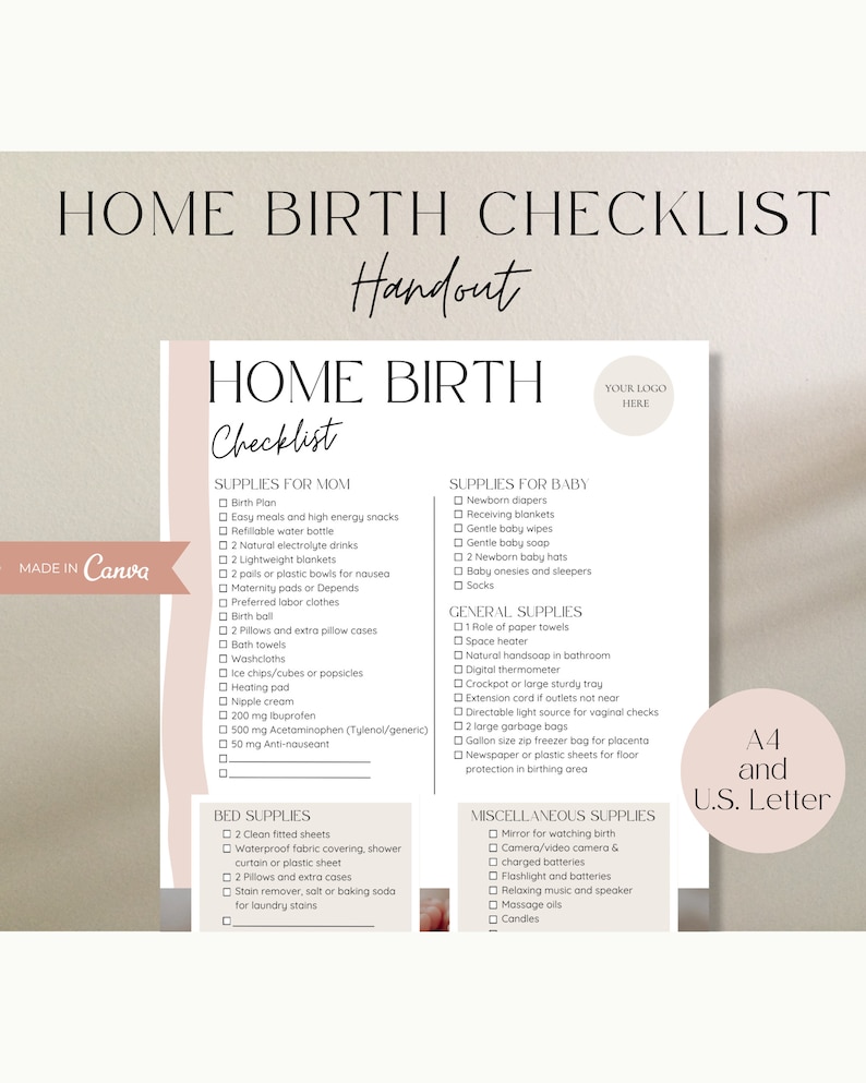 Home Birth Checklist, Home Birth Supplies, Birth Doula Handout, Doula