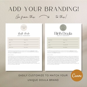Birth Doula service agreement first page as original design, highlighting option to customize doula service agreement and change font, doula logo, and doula brand colors.