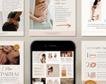 May include: A smartphone displays a collection of Instagram templates for doulas. The templates feature soft beige and brown tones with text and images related to pregnancy, labor, and postpartum care. The text includes "Labor Pain Management" and "My Care Provider Suggested an Induction."