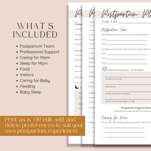 Postpartum planning worksheet page and text highlighting what is included in postpartum plan checklist, such as postpartum team, professional support, sleep for mom, food, and more. Text highlighting A4 and US Letter sizes included.