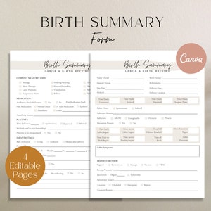 May include: A printable birth summary form with sections for labor and birth record details. The form includes sections for comfort measures used, medication, placenta, infant details, delivery method, and more. The form is designed to be used by parents to document their birth experience.