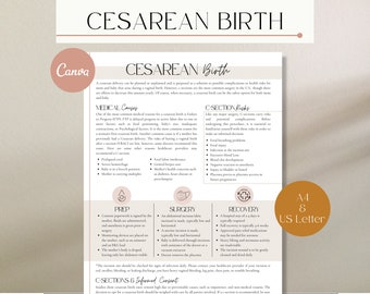 May include: A beige and brown infographic about Cesarean birth, with the title "Cesarean Birth" in large, bold, black letters. The infographic includes information about medical causes, C-section risks, prep, surgery, recovery, and informed consent. The infographic also includes a small illustration of a triangle, a scalpel, and a hospital bed.