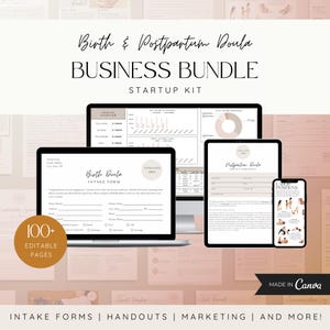 以下が含まれることがあります： 出産と産後のドゥーラのためのデジタルマーケティングキット。このキットには、100ページ以上の編集可能な摂取フォーム、ハンドアウト、マーケティング資料などが含まれています。このキットはCanvaで作成されており、ピンクと白のカラーテーマを採用しています。