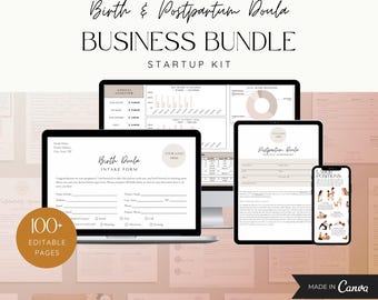 May include: A digital marketing kit for birth and postpartum doulas. The kit includes 100+ editable pages of intake forms, handouts, marketing materials, and more. The kit is made with Canva and features a pink and white colour scheme.