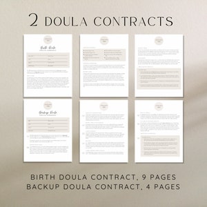 Birth Doula service agreement and backup doula pages on screen in traditional modern design in white and black and beige design. Birth doula contract 9 pages, backup doula contract 4 pages.