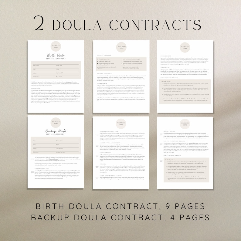 Birth Doula service agreement and backup doula pages on screen in traditional modern design in white and black and beige design. Birth doula contract 9 pages, backup doula contract 4 pages.