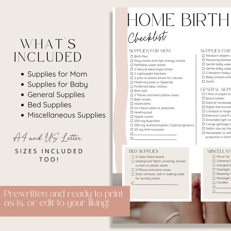 Home Birth Checklist, Home Birth Supplies, Birth Doula Handout, Doula