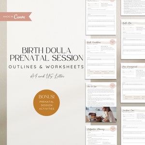 Op de afbeelding: Een set met printbare werkbladen en overzichten voor een prenatale sessie met een geboorte doula. De werkbladen zijn ontworpen voor A4- en US Letter-papierformaten. De werkbladen omvatten onderwerpen als geboorteplanning, pijnmanagement, postpartum planning en babyverzorging. De afbeelding bevat ook een bonusgedeelte voor prenatale sessieactiviteiten.