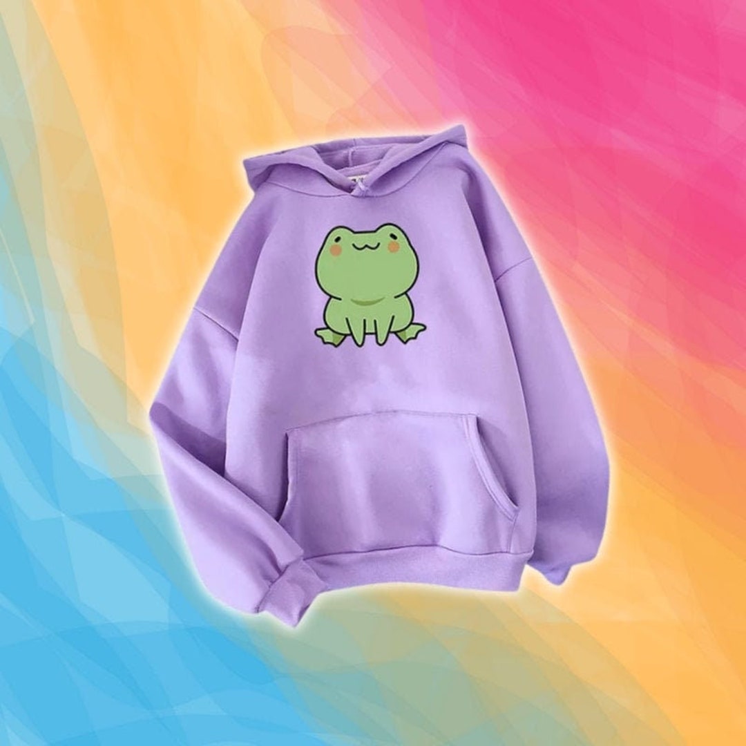 Baggy Frog Hoodie, Drop Shoulder Hoodie, Cute Frog Print Hoodie, Casual