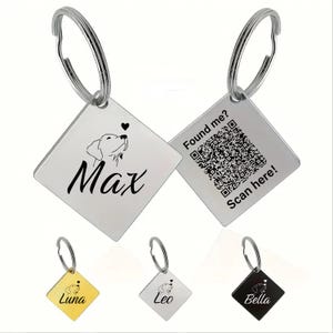 May include: Square metal pet ID tags with a silver keyring. One tag features a dog illustration, the name "Max", and a heart. The other tag has a QR code and the text "Found me? Scan here!". Additional tags are gold, silver, and black.