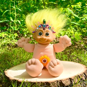 A Sunshine Troll Doll, Stuffed Troll Doll, Upcycled Vintage 1980’s Collectible Russ Troll Doll, Unique Sunny Gift
