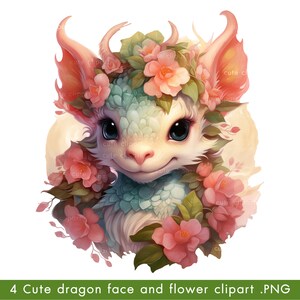 Niedlicher Drachen Gesicht und Blume Clipart Drachen Clipart Kinder Märchen Drachen Niedliche Kinder Drachen Cartoon-Stil Clip art Drachen Grafiken.