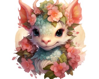 かわいいドラゴンの顔と花のクリップアート、ドラゴンのクリップアート、子供のおとぎ話のドラゴン、かわいい子供のドラゴンの漫画スタイルのクリップアート、ドラゴンのグラフィック。