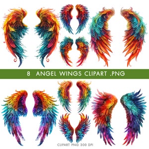 Angel wings clipart PNG watercolor, Color full Wings clipart, Feathered wings, Commercial use, Digital art