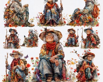 Whimsical Old lady, Grandma illustration Graphics PNG, watercolor old lady, Old Woman on Transparent Background. Can be used commercially